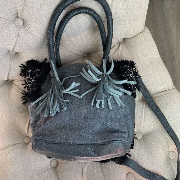 IBBAN handmade boho Wool leather crossbody bag gray black - Picture 4 of 9